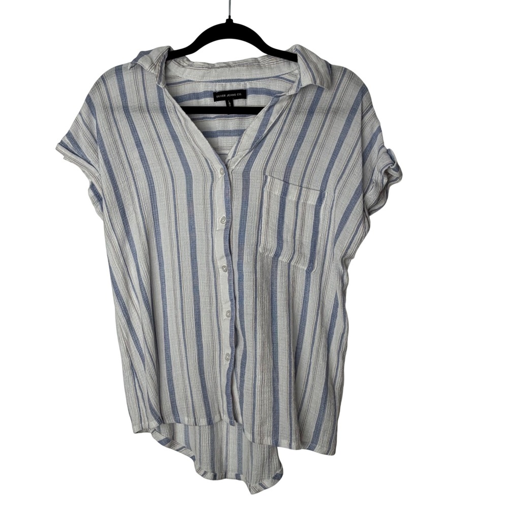 Silver Jeans Blouse Women's Large Blue Striped Gauze Button Down Short Sleeve